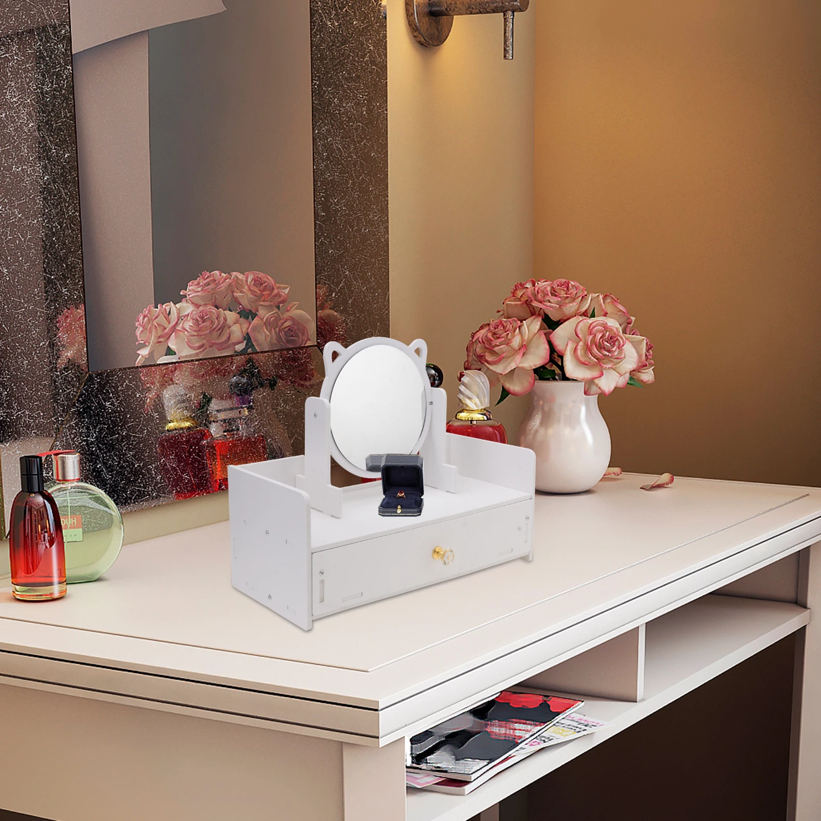 

1pc 360 Rotatable Makeup Mirror Storage Box Desktop ganizer Foldable Glass Crystal Jewelry Holder for Girls Fashion