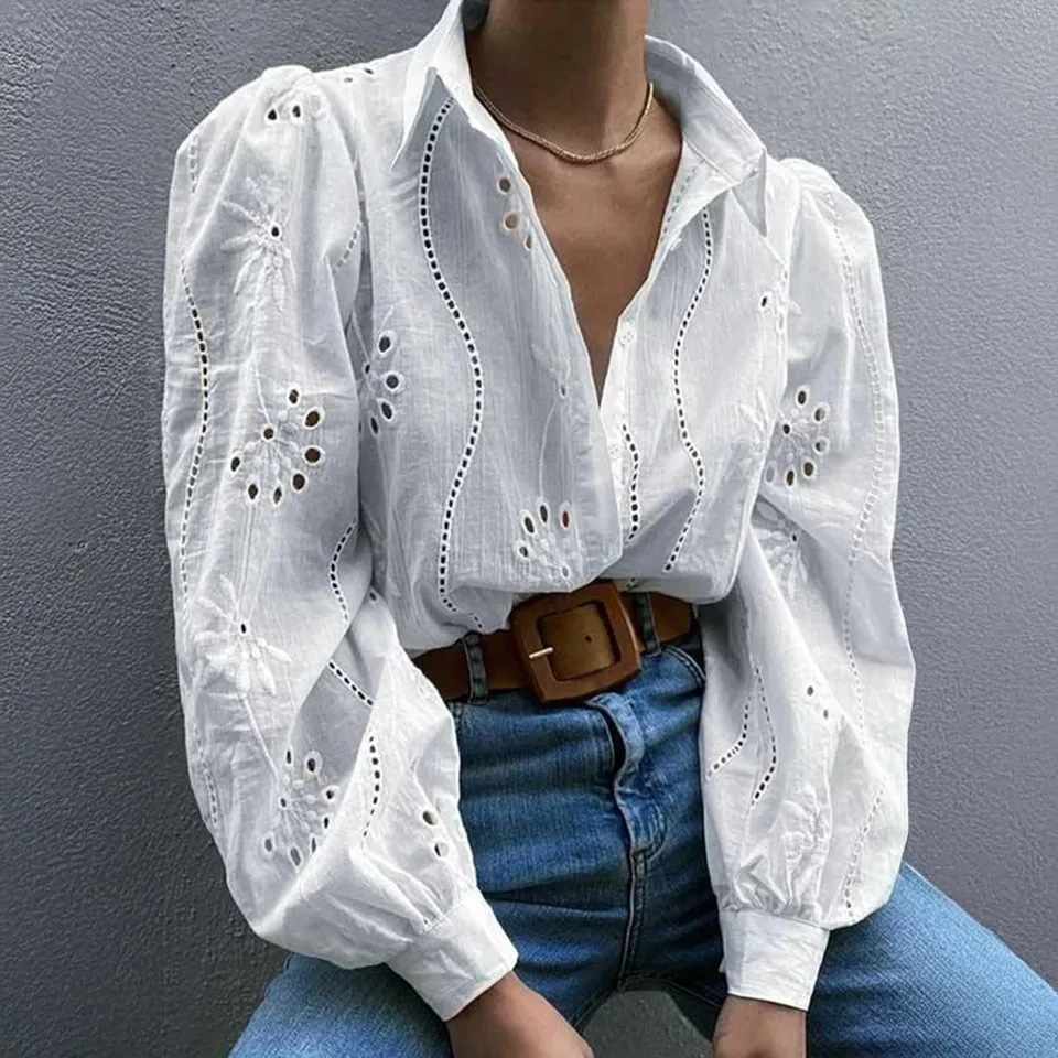 

New Solid Shirt Spring Autumn Casual Loose Fashion Hollow Puff Sleeve Cardigan Tops For Women Elegant Office Shirts & Blouses