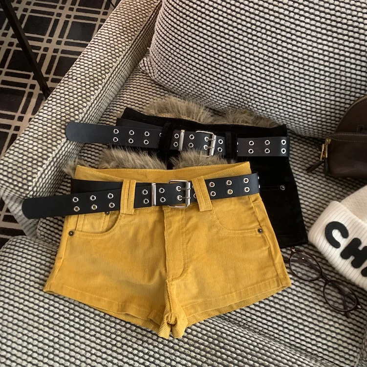 

Women's Autumn Winter Corduroy Shorts With Belt Lady High Waist Solid Color Hot Girl Short Pants