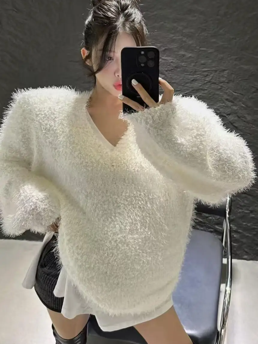 

Women's Loose Knitted Sweater Soft Warm Mink Fur V-Ne Cotton Blend A-Line Sweater Candy Color Anti-Aging Autumn Winter Wear