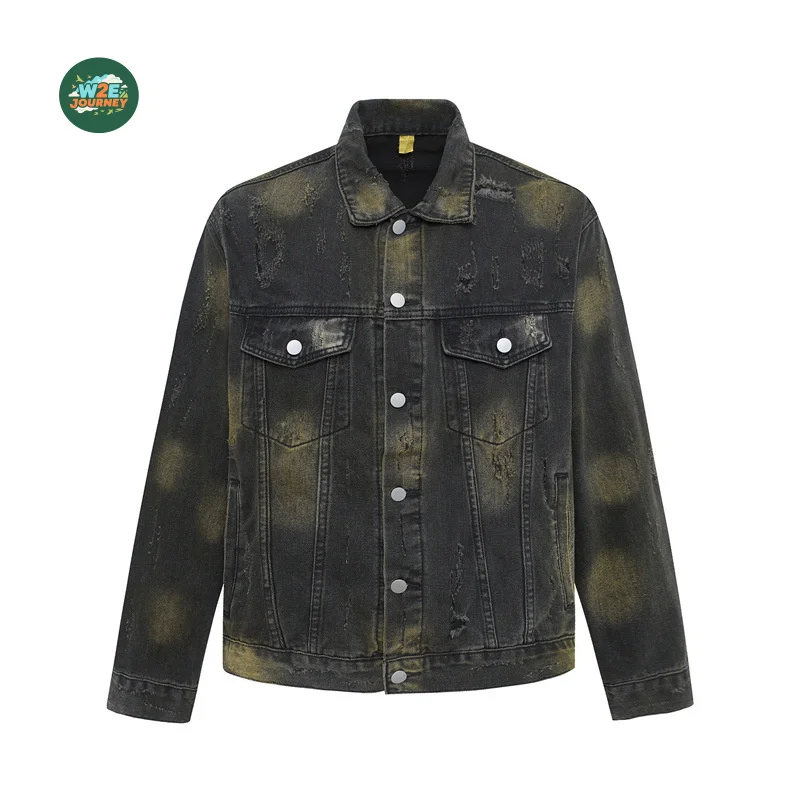 

W2EJOURNEY ЕС, американский размер, высокое качество, уличная винтажная черная потертая джинсовая куртка с принтом тай-дай, рабочая одежда, тяжелая джинсовая куртка