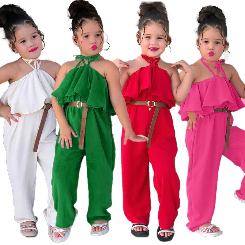 2024 New Casual Girls\' Summer Halter Ruffle Sleeve Jumpsuit Soild Suspender Romper Fashion Clothing for Toddler Girl 1-8 Years