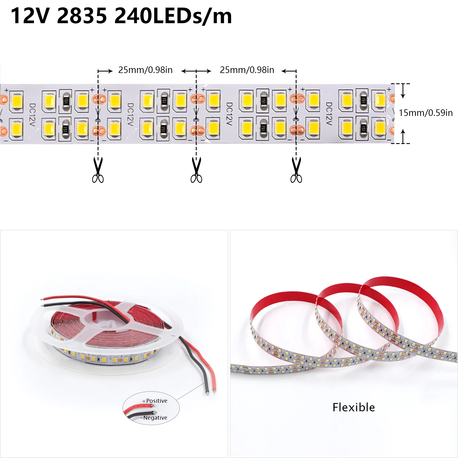 5M 1200LEDs LED Strip 12V High Brightness 624/480LEDs/m Double Row Flexible LED Tape Ribbon SMD 2835 2025 Waterproof White Light