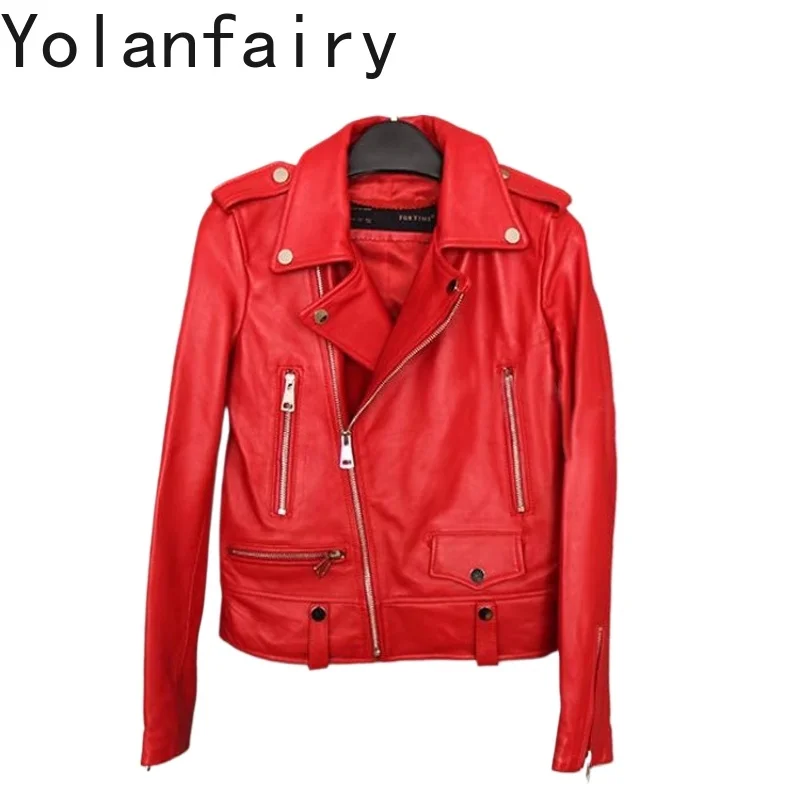 

YOLANFAIRY куртка из натуральной кожи, женская весенне-осенняя облегающая куртка из натуральной овчины, короткие красные кожаные куртки, женские 2025