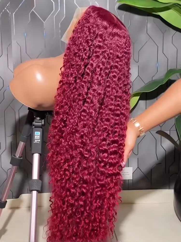 

30-дюймовый 99J бордовый парик с глубокими волнами 13x4 HD кружевной фронтальный 200 плотность вьющиеся человеческие волосы парики