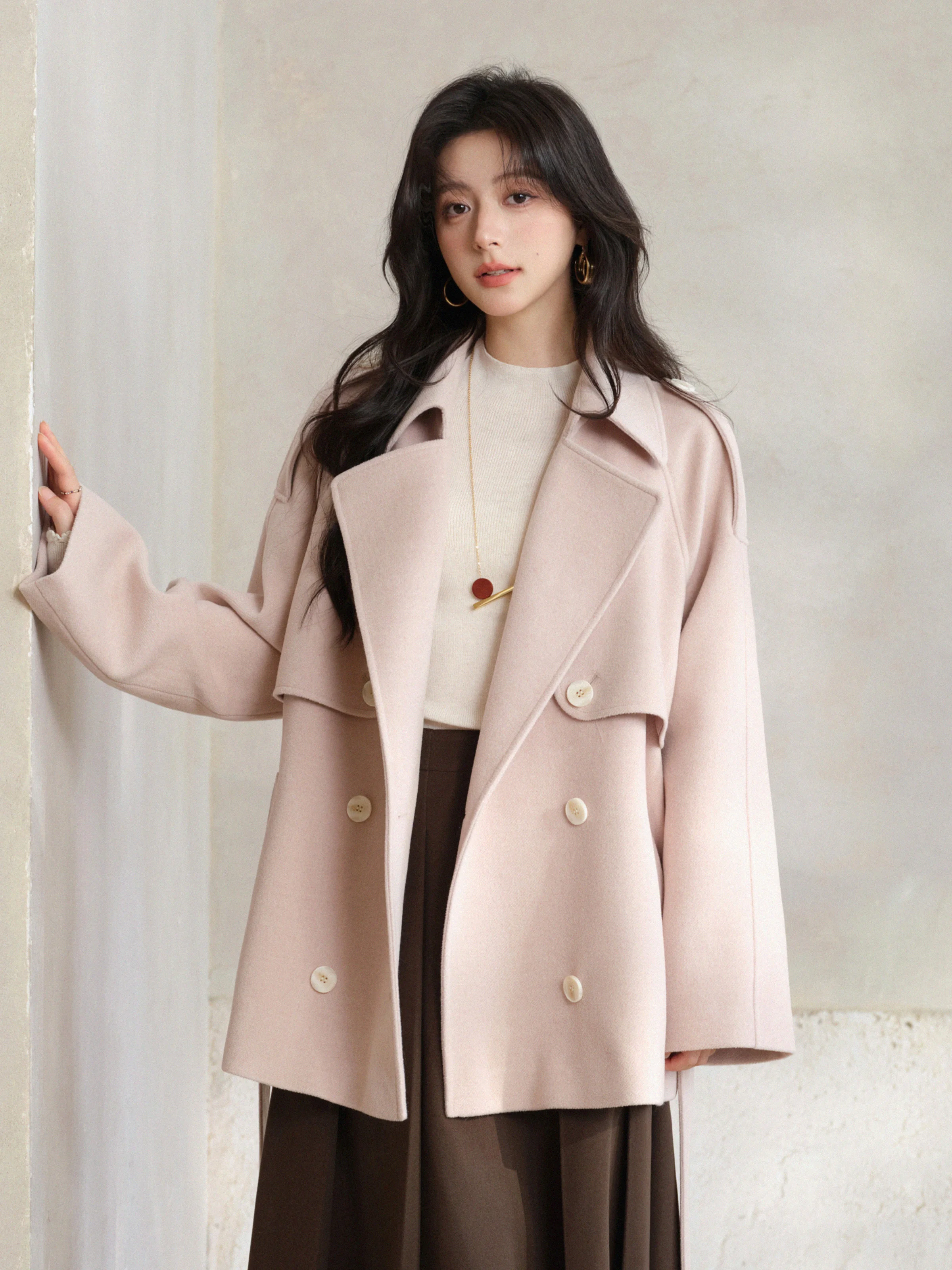 Elegant Short Wool-like Coat Women Lady Belted Winter Outerwear Jacket Lapel Design Slim Waist Silhouette for Daily Chic Styling