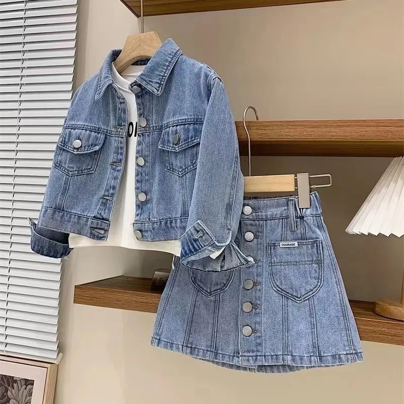 Spring Autumn Children Clothing Sets OuterwearClothing For Baby Fashion Kids Denim Jackets+ Denim Skirt 2024 New 4 5 6 7 8 9