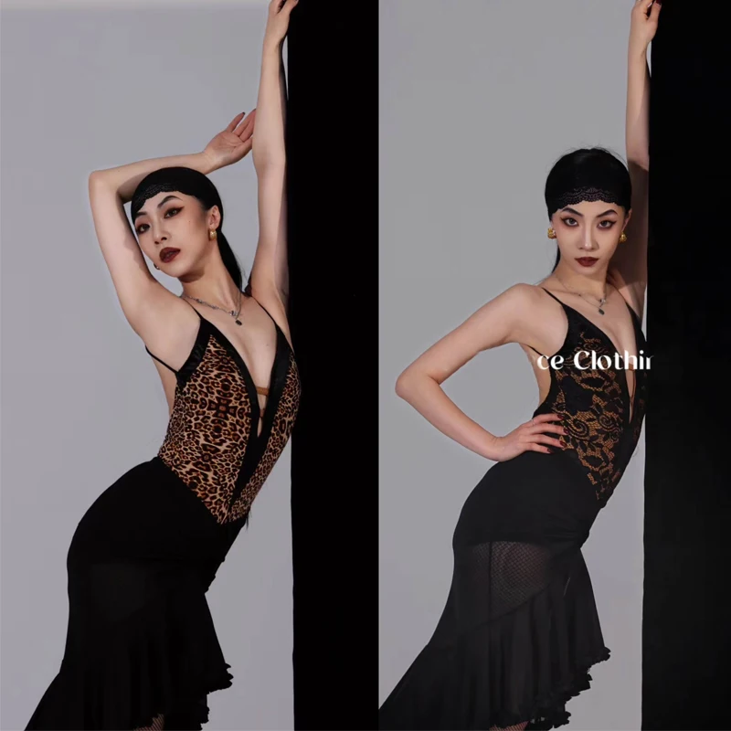 

New Latin Dance Performance Clothes Women'S Leopard Latin Top Drawstring Skirt Adults Latin Dance Competition Costumes SL10267