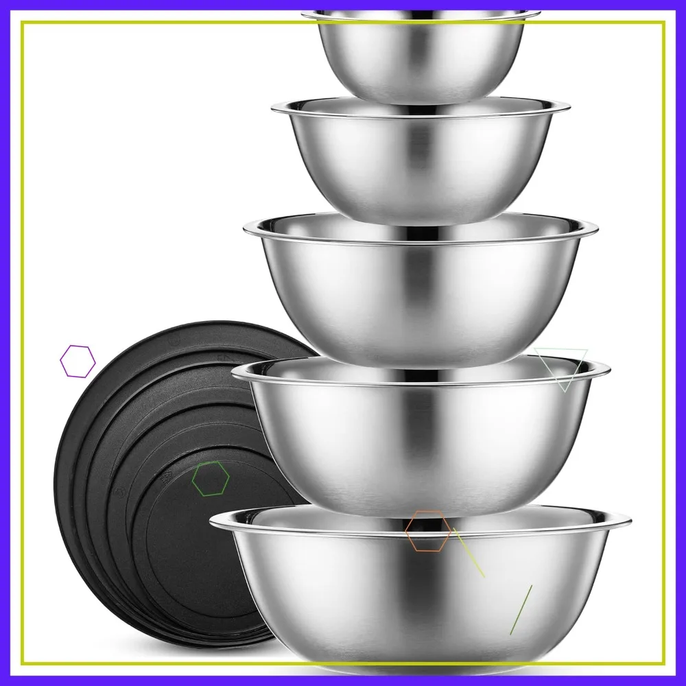 

10-Piece Stainless Steel Mixing Bowl Set with Lids for Food Prep, Storage, Serving - Dishwasher Safe Kitchenware