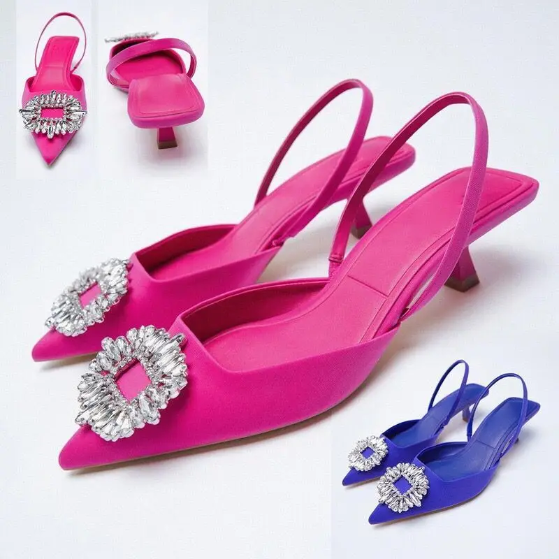 

Oversized 42/43 Mueller shoes Low Heel Women's Sandals Rose Red Sexy Rhinestone Shine Pointed Pumps Spring and Summer sandals