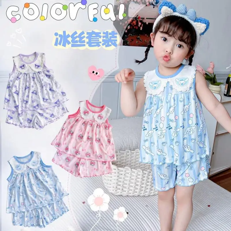 Anime Sanrioed Cinnamoroll Pajamas Set My Melody Kuromi Children Ice Silk Homewear Cartoon Short Sleeve Shorts Summer Sleepwear