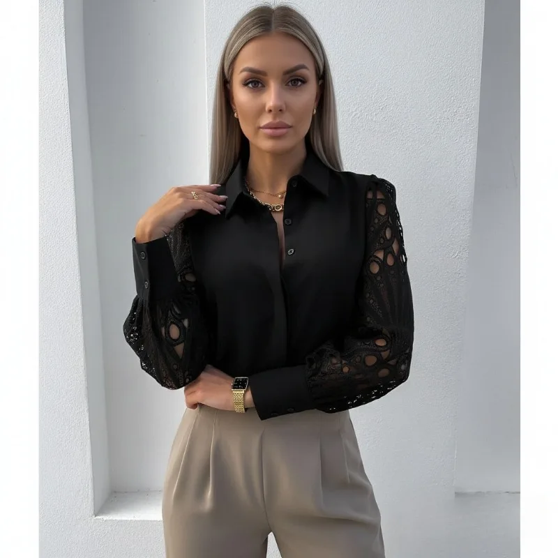 

Vintage Button Solid Color Hollow Elegant Long Sleeve Women's Shirt Spring and Autumn Versatile Fashion New Office Lady Shirt