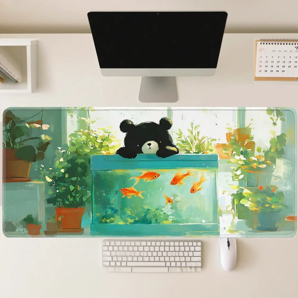 Large Cute Black Bear Goldfish Mouse Pad, Extended Non-Slip Gaming Desk Mat, Waterproof Keyboard Pad