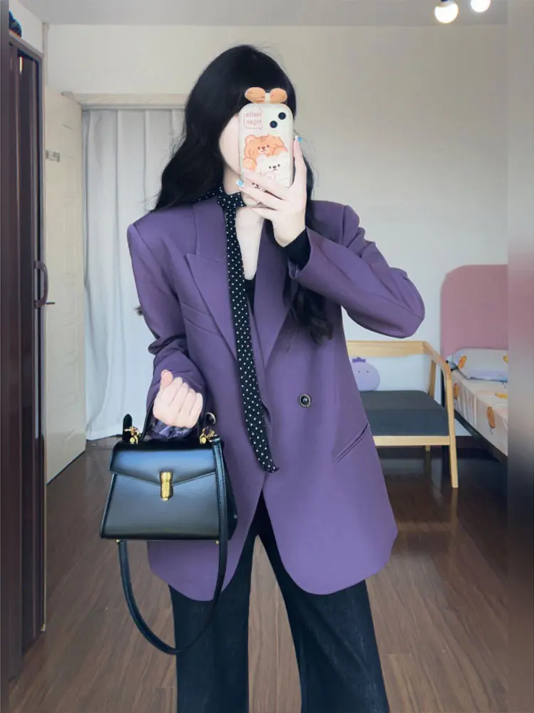 Elegant Purple Suit Jacket And Flared Jeans Two-Piece Set Deep Blue Fashionable Women's Autumn Collection by MARIE. 