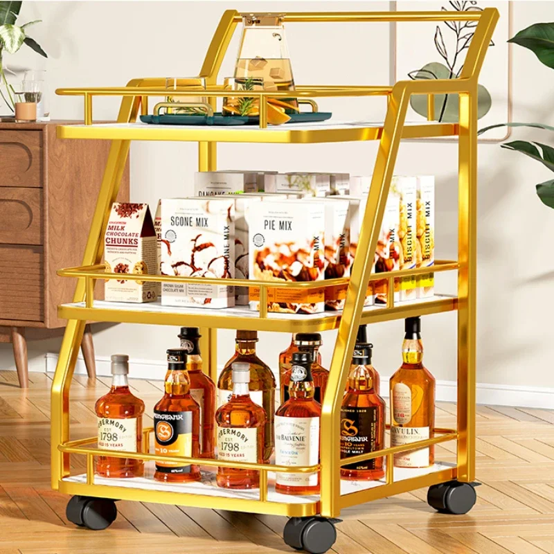 European Light Luxury Drinks Trolley Trapezoidal Multi-Layer Storage Cart Iron Dining Cart with Raised Fence for Service