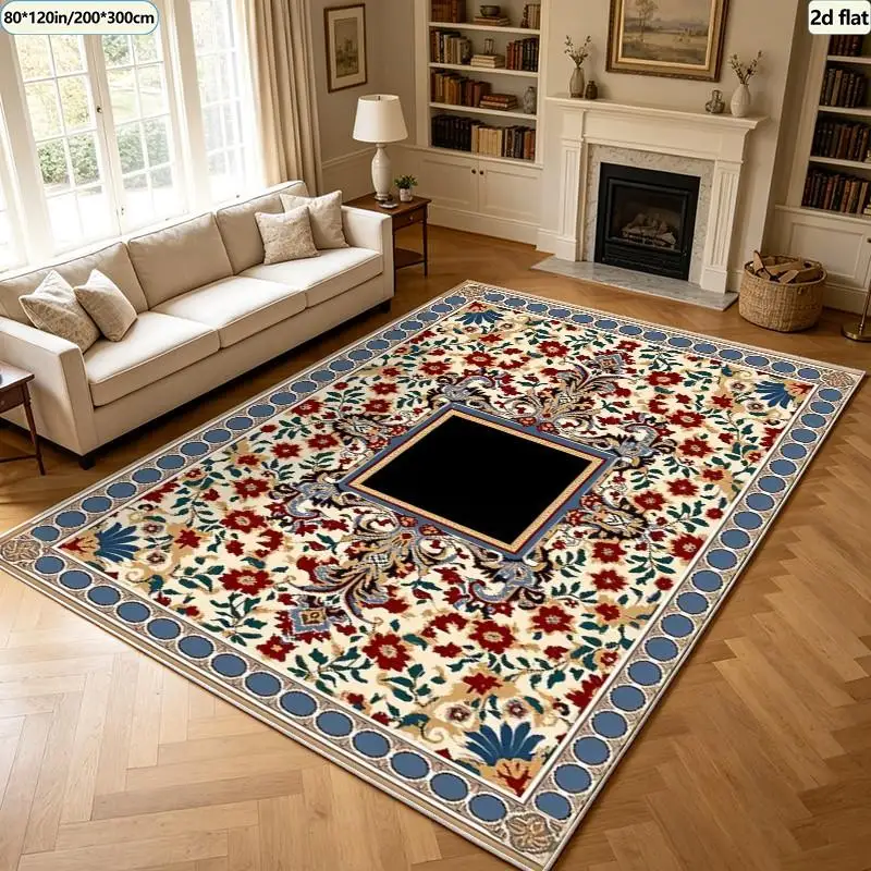 Oriental Retro Red Floral Border Pattern Carpet Non-Slip Carpet Soft Indoor Living Room Bedroom Decorative Floor Mat