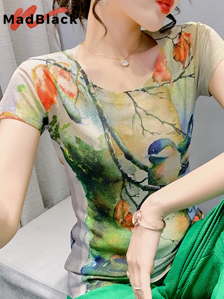 MadBlack Summer European Clothes T-Shirt Fashion Print Bird Elegant Women Tops Short Sleeve Street Casual Tees New Hot T26404L