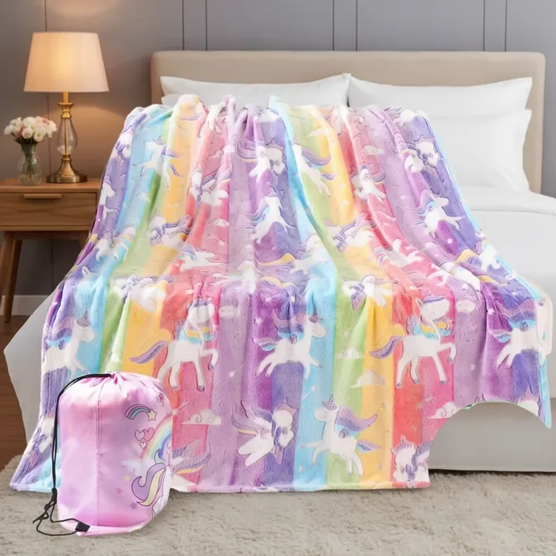 for Custom New Design Rainbow Striped Luminous Unicorn Flannel Throw Blanket 100 Percent Polyester Glow in Dark Childrens
