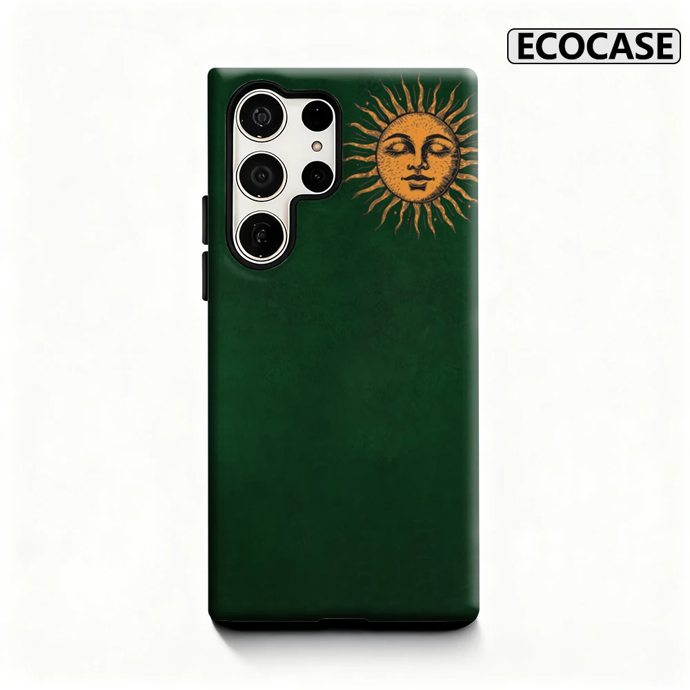 Sun Totem auf grüner Handyhülle für Samsung Galaxy S25 Ultra S24 S23 Ultra Plus, glänzende doppellagige Rückseite