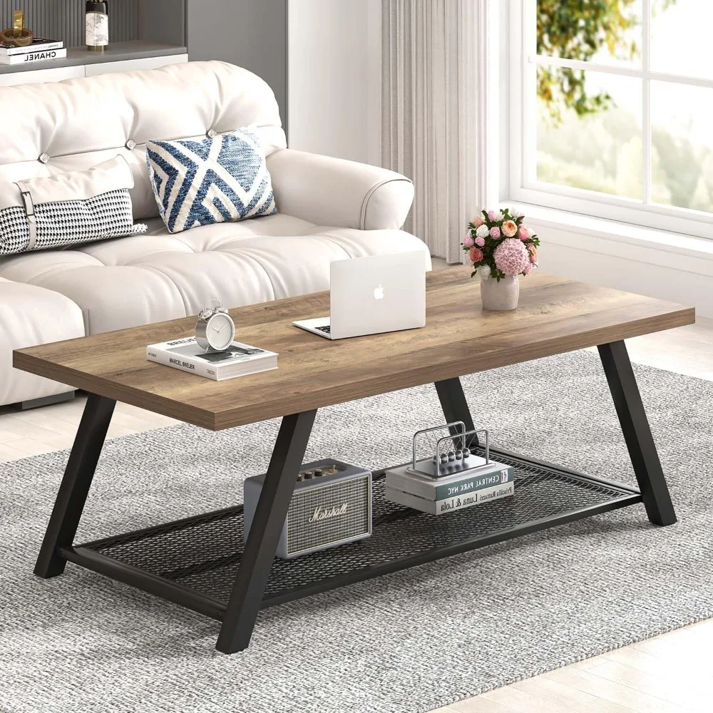Coffee Table, Modern Rustic Wood and Metal Center Table with Storage, Industrial Cocktail Tea Table for Living Room, Oak