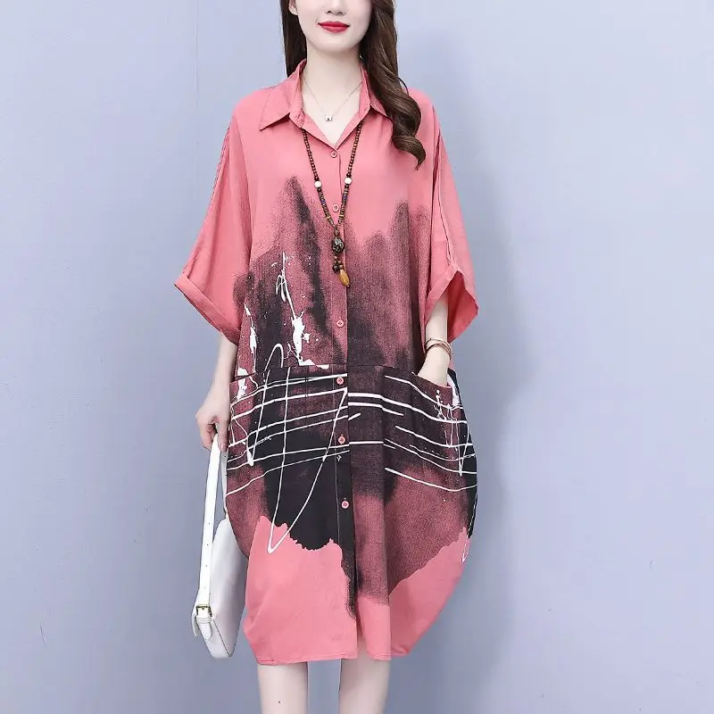 Female Clothing Fashion Ink Painting Shirt 2023 Spring Summer Casual Loose Pockets Single-breasted Commute Polo-Neck Midi Blouse