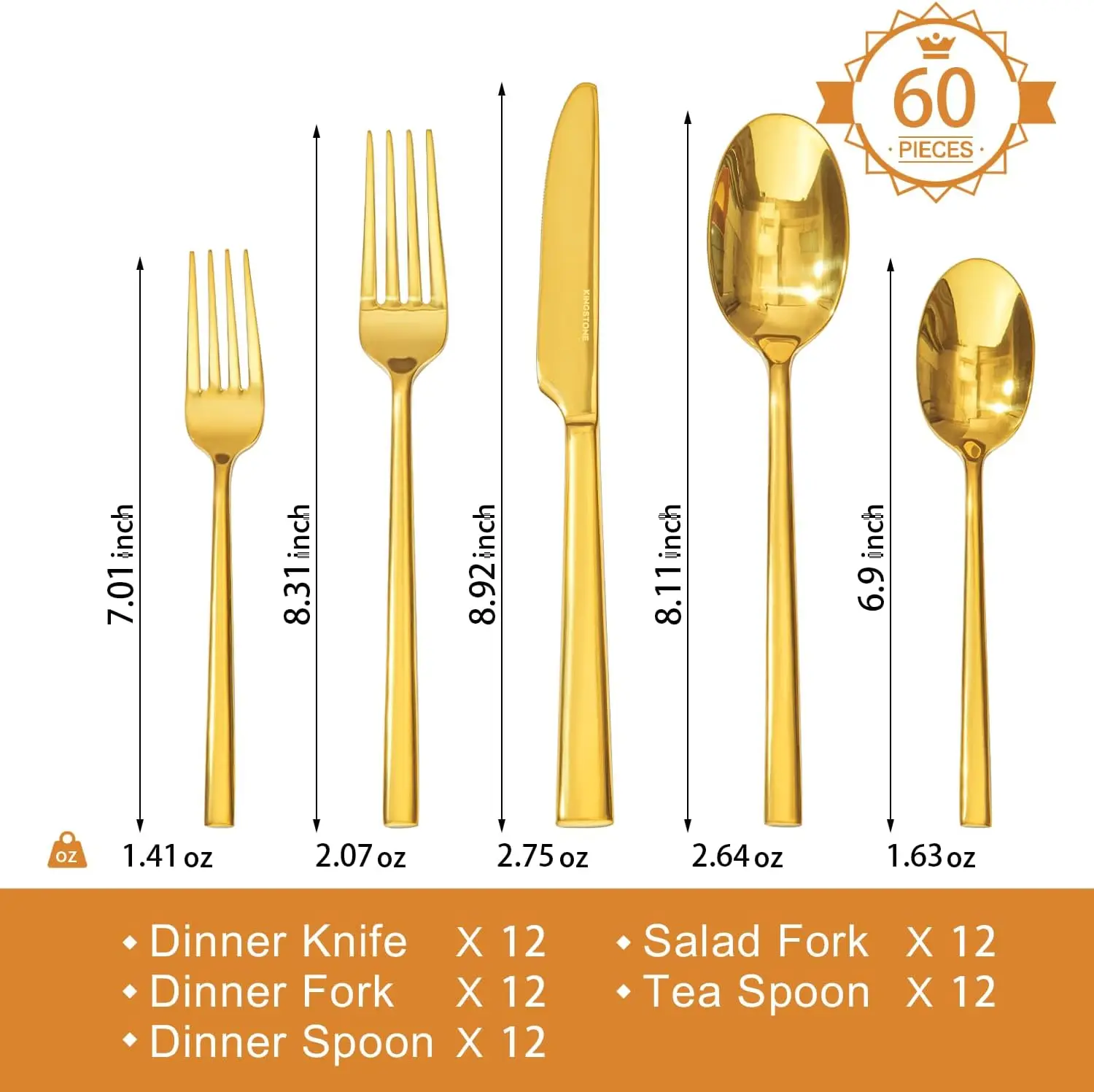Gold Silverware Set, 60-Piece Forged Flatware Set Cutlery Set Premium Stainless Steel, Service for 12, for Kitchen, Home, Weddin
