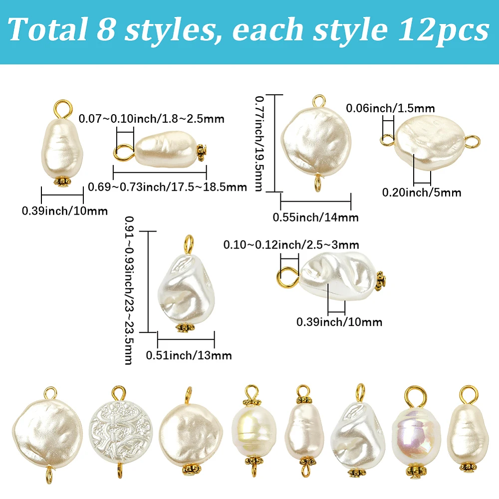 

96Pcs 8 Style Acrylic Pendants with Acrylic Imitation Pearl Beads Iron Pins and Alloy Spacer Beads Mixed Shape White