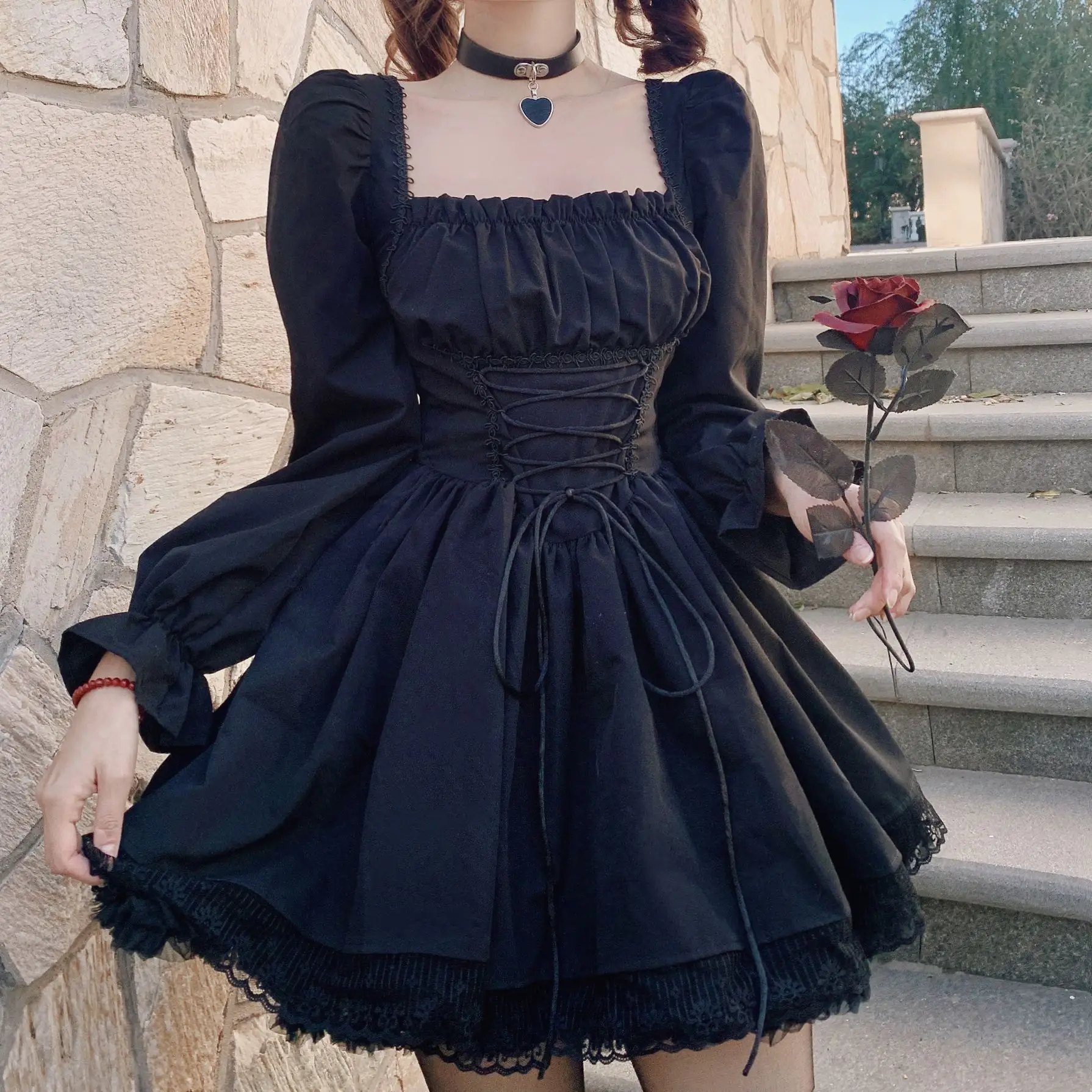 Y2k weiß lolita kleid kawaii vinatge langarm mini kleider schwarz gotische bandage spitze patchwork streetwear quadratischer kragen