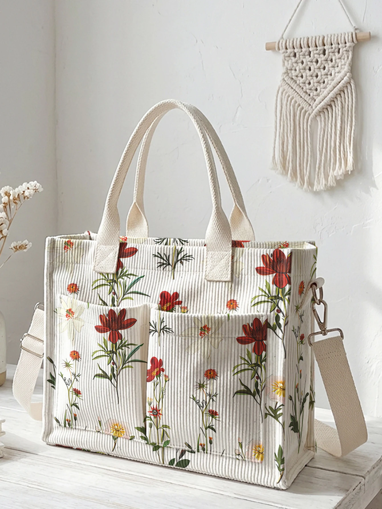 

Винтажная вельветовая сумка-тоут с принтом диких цветов, большая вместимость, много карманов, для любителей природы, городская сумка через плечо