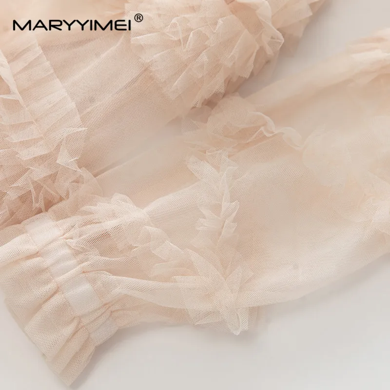 MARYYIMEI Fashion Designer spring Summer Women\'s Lantern Sleeved Feathers Sequins Mesh Flounced Edge Sashes Elegant Dresses