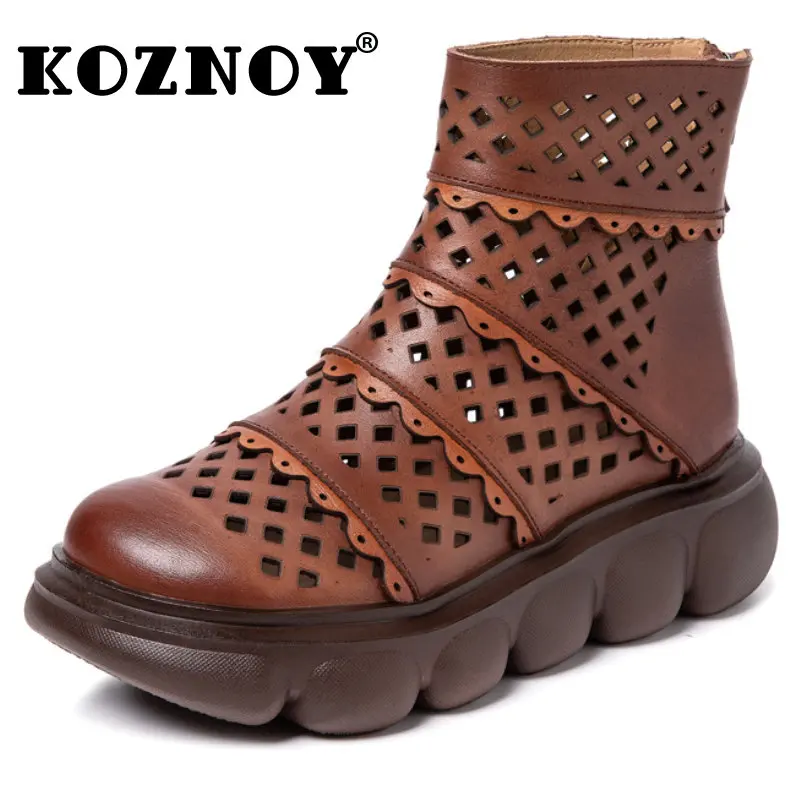

Koznoy 5cm New In Women's Boots Cow Genuine Leather Summer Hollow Breathable Fashion Ladies Platform Wedge Ankle ZIP Comfy Shoes