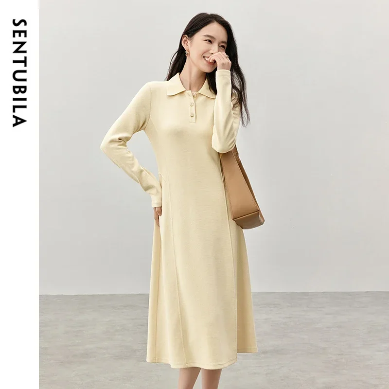 

SENTUBILA Cotton Knitted Dresses for Women 2024 Autumn A-line POLO Neck Long Sleeve Retract Waist Solid Women Dress 143L56749