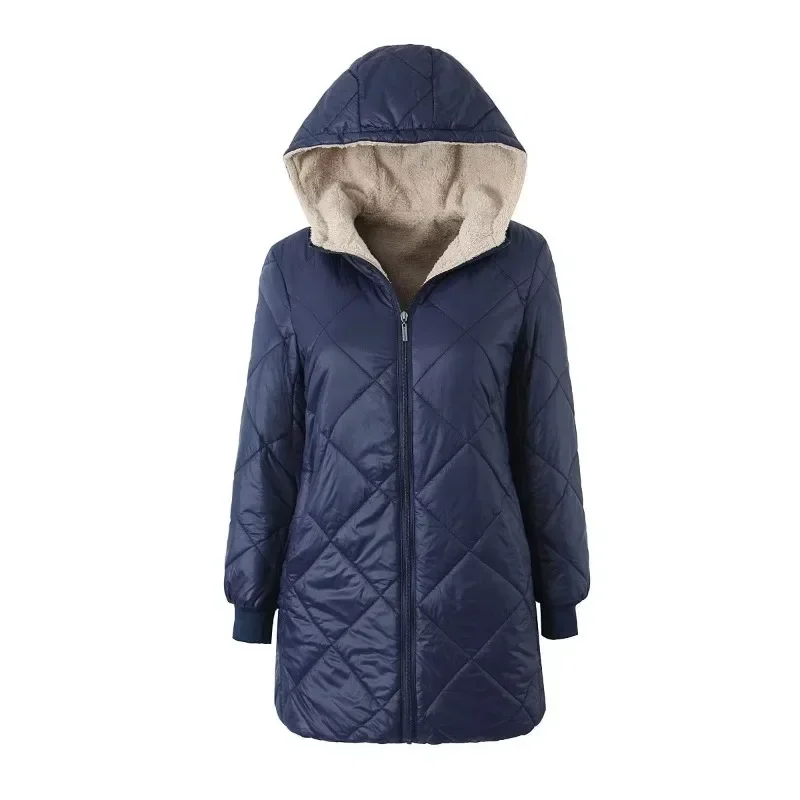 Women\'s Fashion, Comfort, Casual Lamb Wool Shiny Surface Waterproof Geometric Grid Square Hooded Mid Length Cotton Jacket