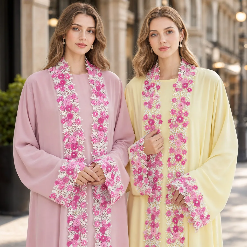 Dubai Muslim Floral Embroidery Cardigan Open Abaya Inner Dress Scarf Set Women Kaftan Turkey Arab Robe Islamic Clothing