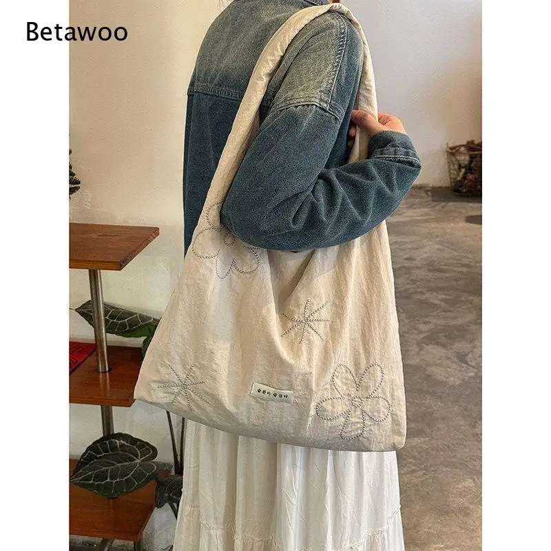 Floral Embroidery Canvas Tote Bag Solid Neutral Tone Soft Thick Fabric Large Capacity Student Commute Women Shoulder Purse