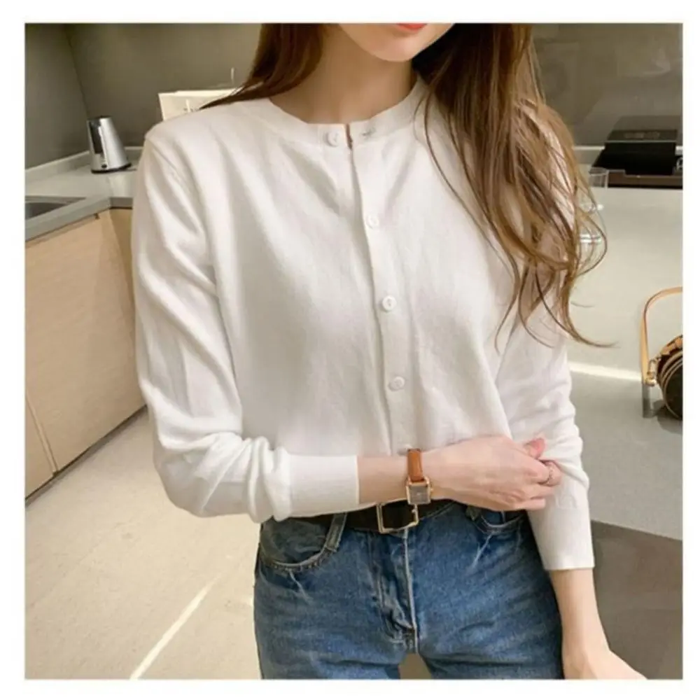Loose Fit Long Sleeve Knit Cardigan Single Breasted O Neck Women Sweater Solid Color Women Cardigan