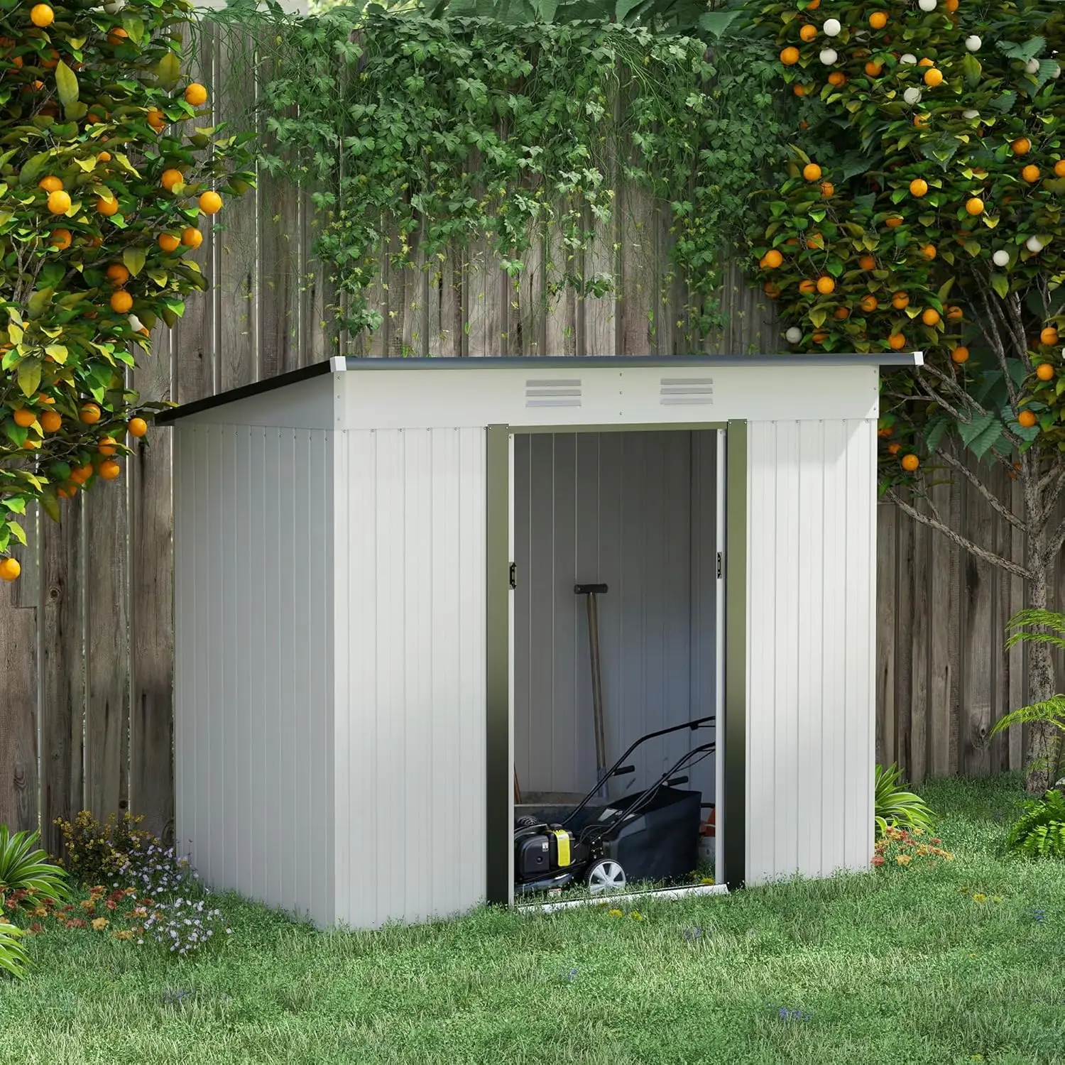 

Outsunny 8' x 4' Metal Lean to Garden Shed, Outdoor Storage Shed, Garden Tool House with Double Sliding Doors, 2 Air Vents