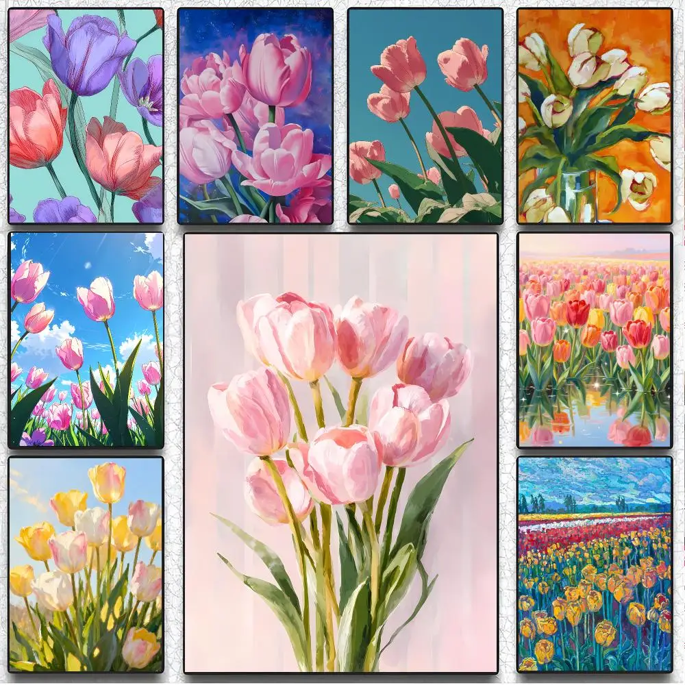 Delicate Art P-Pink Tulips Poster Artistic Instant Peel-Off Wall Decor Atmosphere Setter for Bedside & Shared Room