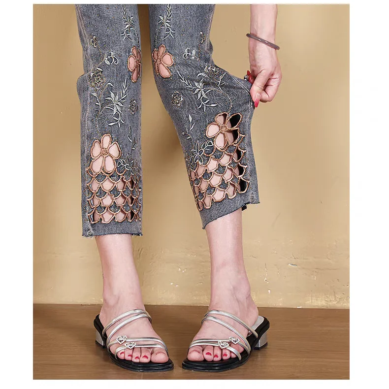 Y2K Denim Jeans Korean Style Women's Pants Straight Leg Elastic Eight Points Brick Pattern Slimming High Waist Hollow Embroidery