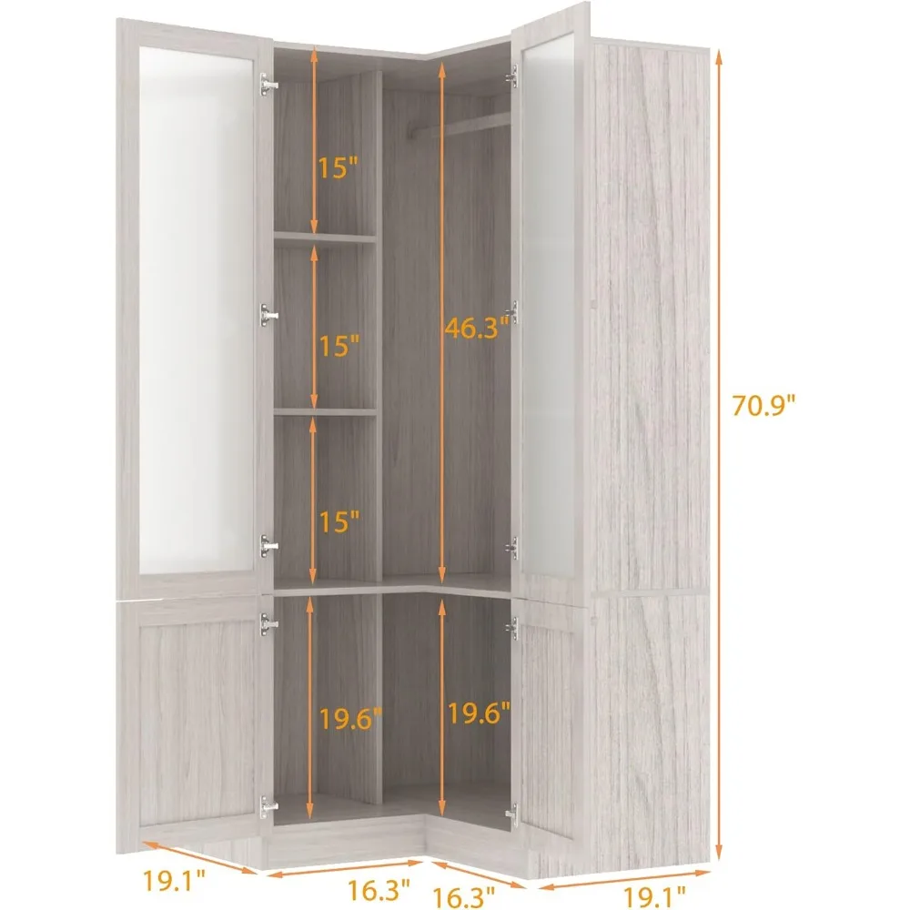 Armadio ad angolo, armadio in legno con ante in vetro smerigliato, armadio per camera da letto con ripiani e asta per appendere per riporre oggetti