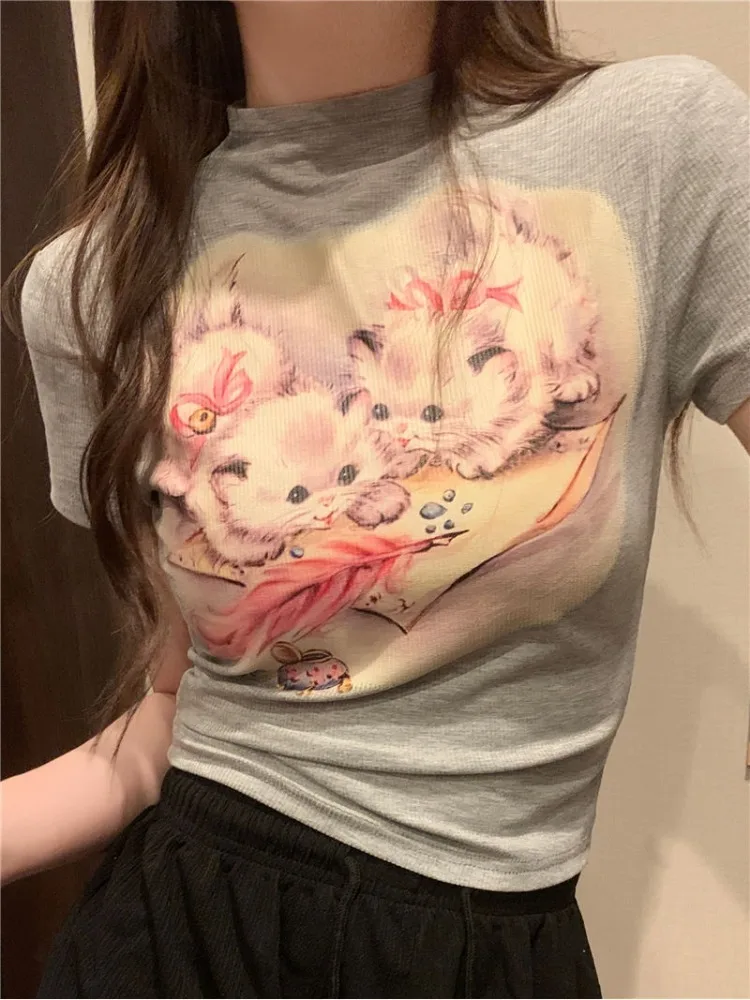 Sweet Yellow Short Sleeved T-shirt for Women 2024 Summer Fashion Slim Fit Tee Shirt Y2k Grunge O-neck Kawaii Cat Print Tops