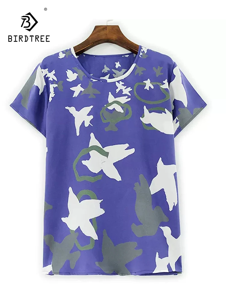 

Элегантная футболка BirdTree из шелка с двойным крепом, принт с круглым вырезом и короткими рукавами, женские модные свободные топы, весна 2026 T5D959CC