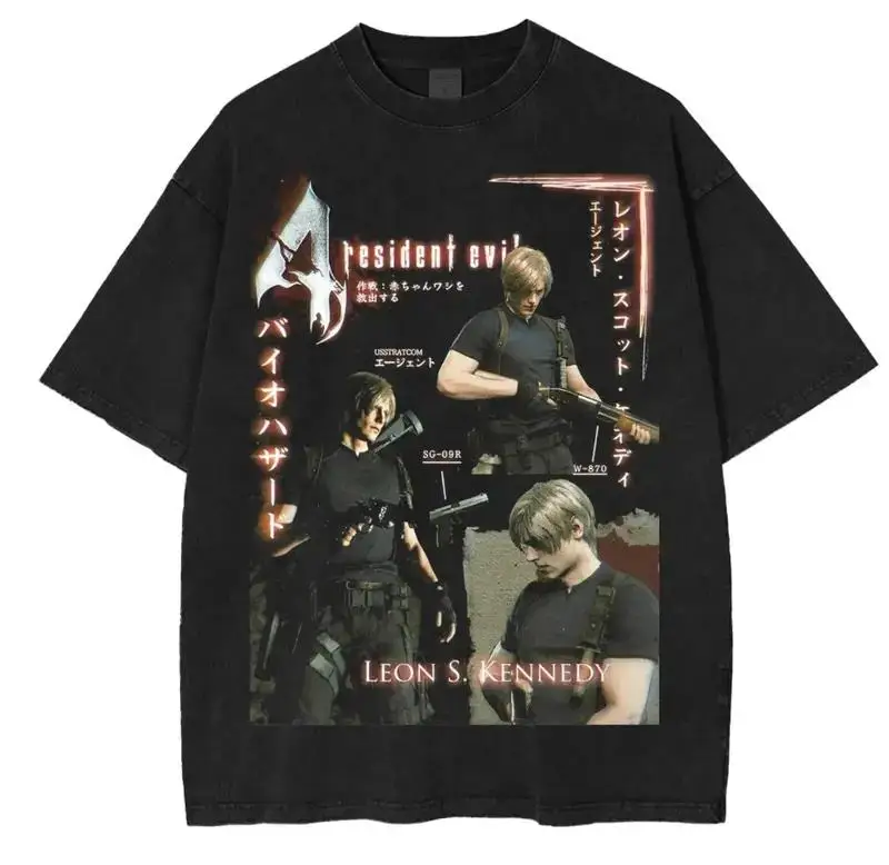 Hot Game Resident Evil Leon Graphic Tee Men Women Short Sleeve Clothing Washed Cotton Tshirt Casual T-shirt Harajuku T Shirt