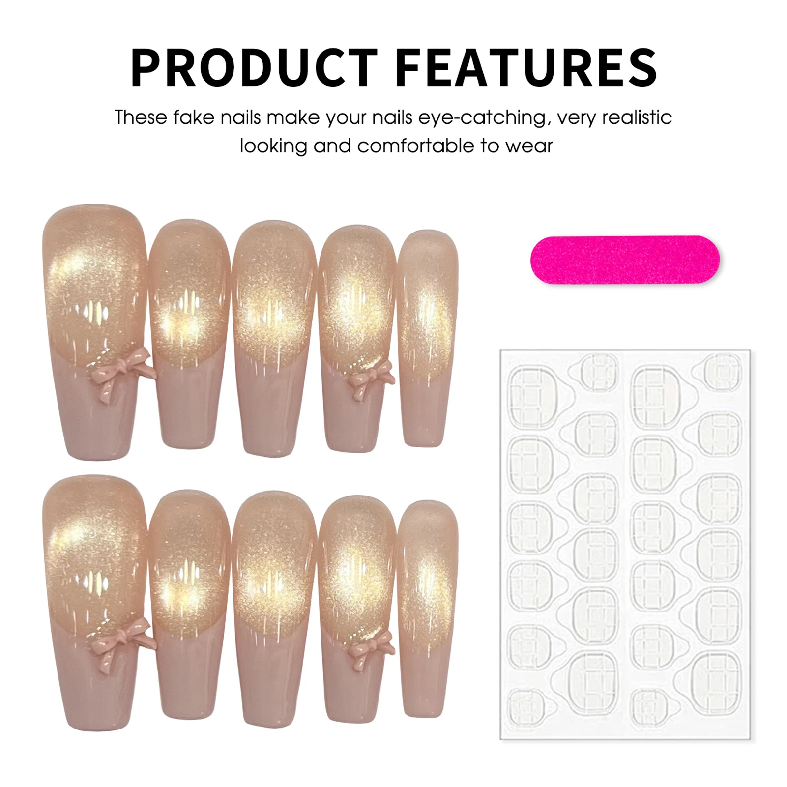 10 قطعة الأظافر الفرنسية الطويلة وهمية عين القط لامعة Bowknot الذهب القط العين T شكل مسمار الفن للنساء DIY بها بنفسك ملابس الحفلات