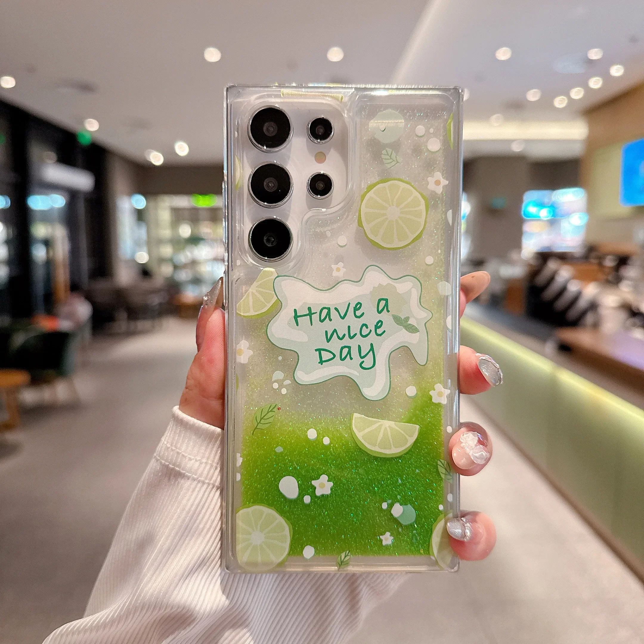 

Cute Lemon Peach Pattern Glitter Liquid Bling Quicksand Phone Case for Samsung Galaxy S24 S25 Ultra S23 S22 Plus Phone Cover