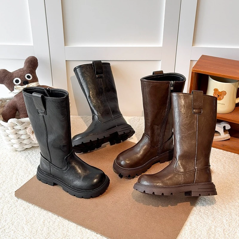 

Длинные сапоги для девочек, зимние детские плюшевые сапоги на платформе в стиле ретро, повседневные простые детские модные кожаные ботинки принцессы, нескользящая молния