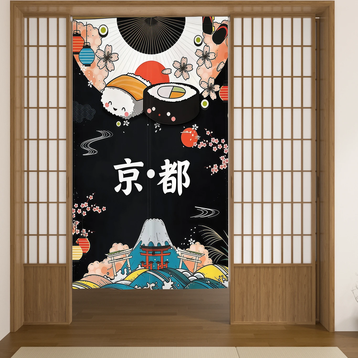 

Японская занавеска-норен с изображением рыбки кои и кошки манэки-нэко, льняная, на половину двери, для декора бара, кухни. Может использоваться как перегородка. Простая установка.