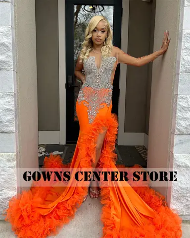 Orange Pärlstav Kristall Tyll Rynkad Släp Balklänningar För Svarta Flickor Hög Slits Sjöjungfru Damklänning Specialanpassad Bröllopsklänning 10 best sales orange balklänningar - №10