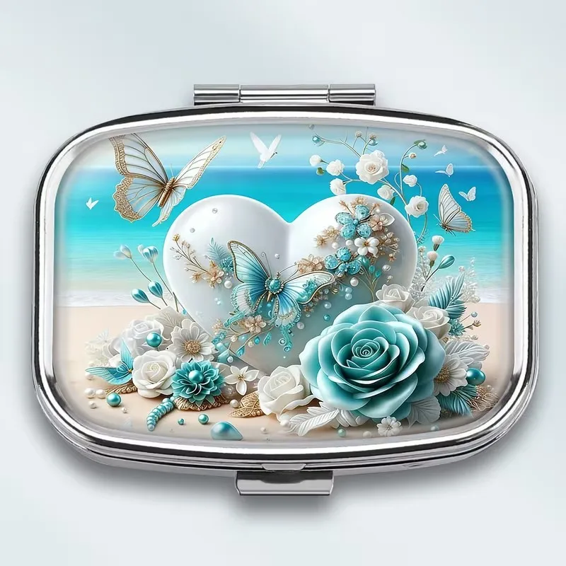 No import chargesLocal warehouse1pc Fresh Ocean Style Romantic Illustration Pattern Square 2-Grid Medicine Box - Portable Medicine and Vitamin Storage Box, Suitable for Handheld or Travel Use, Unique Pocket Size Gift, Wallet Medicine Box