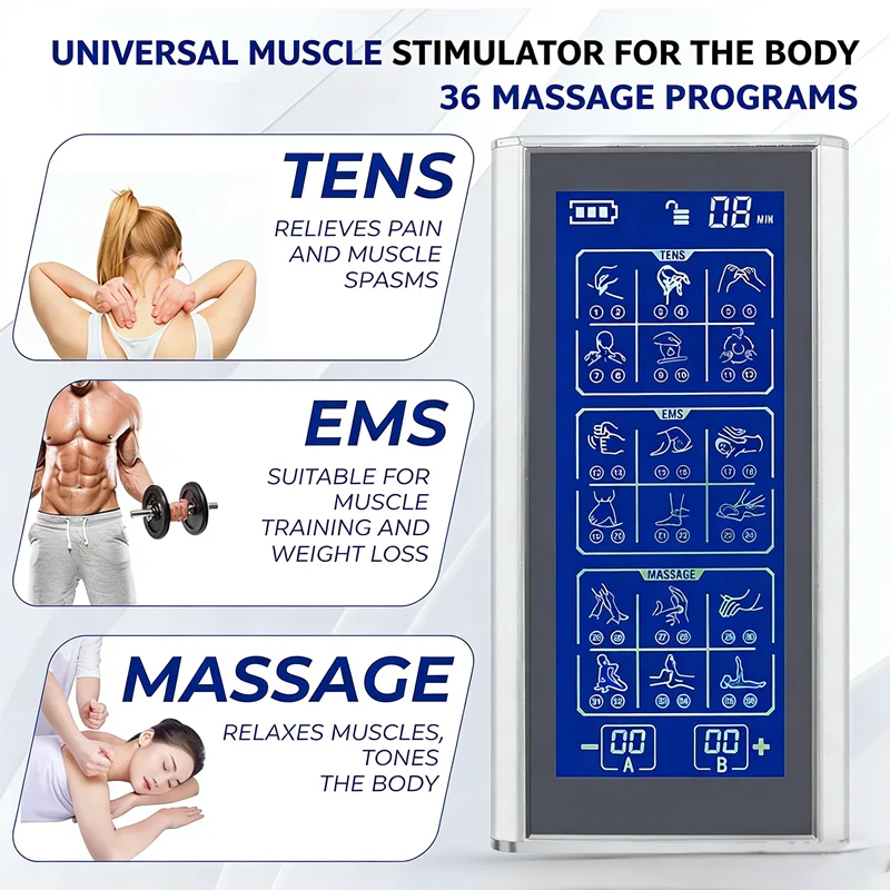 

Портативный стимулятор мышц с 36 режимами. Обеспечивает релаксационный массаж, облегчение боли и функции сжигания жира.
